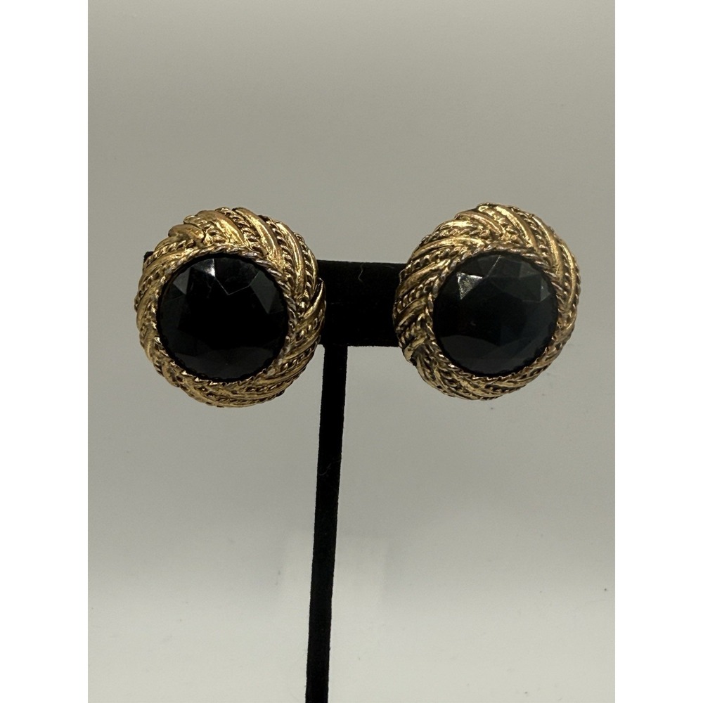 Vintage Clip On Earrings Gold Tone Black Faceted Glass Button Big